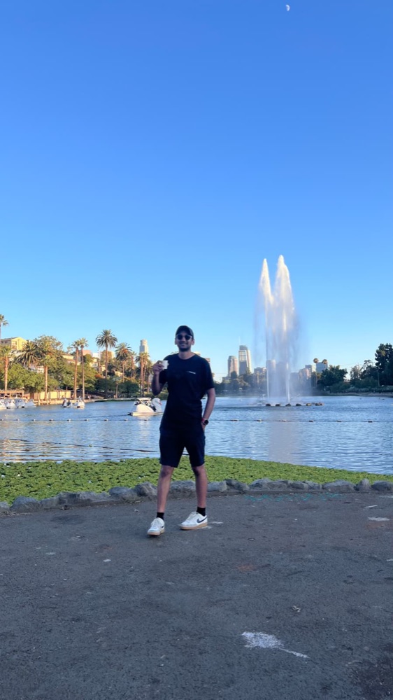 Vib at Echo Park Lake, downtown Los Angeles behind